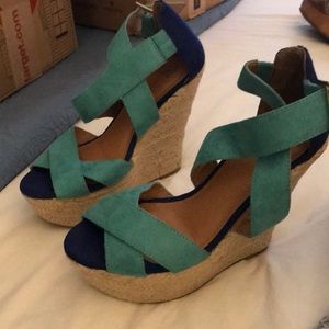 Turquoise suede strap wedges
